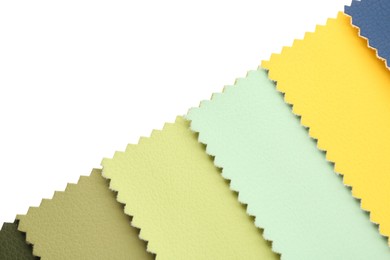 Photo of Samples of different fabrics isolated on white, top view