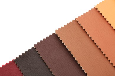 Photo of Samples of different fabrics isolated on white, top view