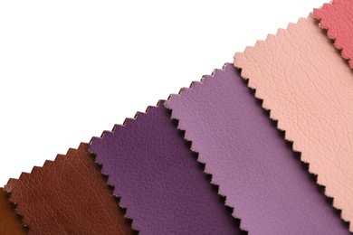 Photo of Samples of different fabrics isolated on white, top view