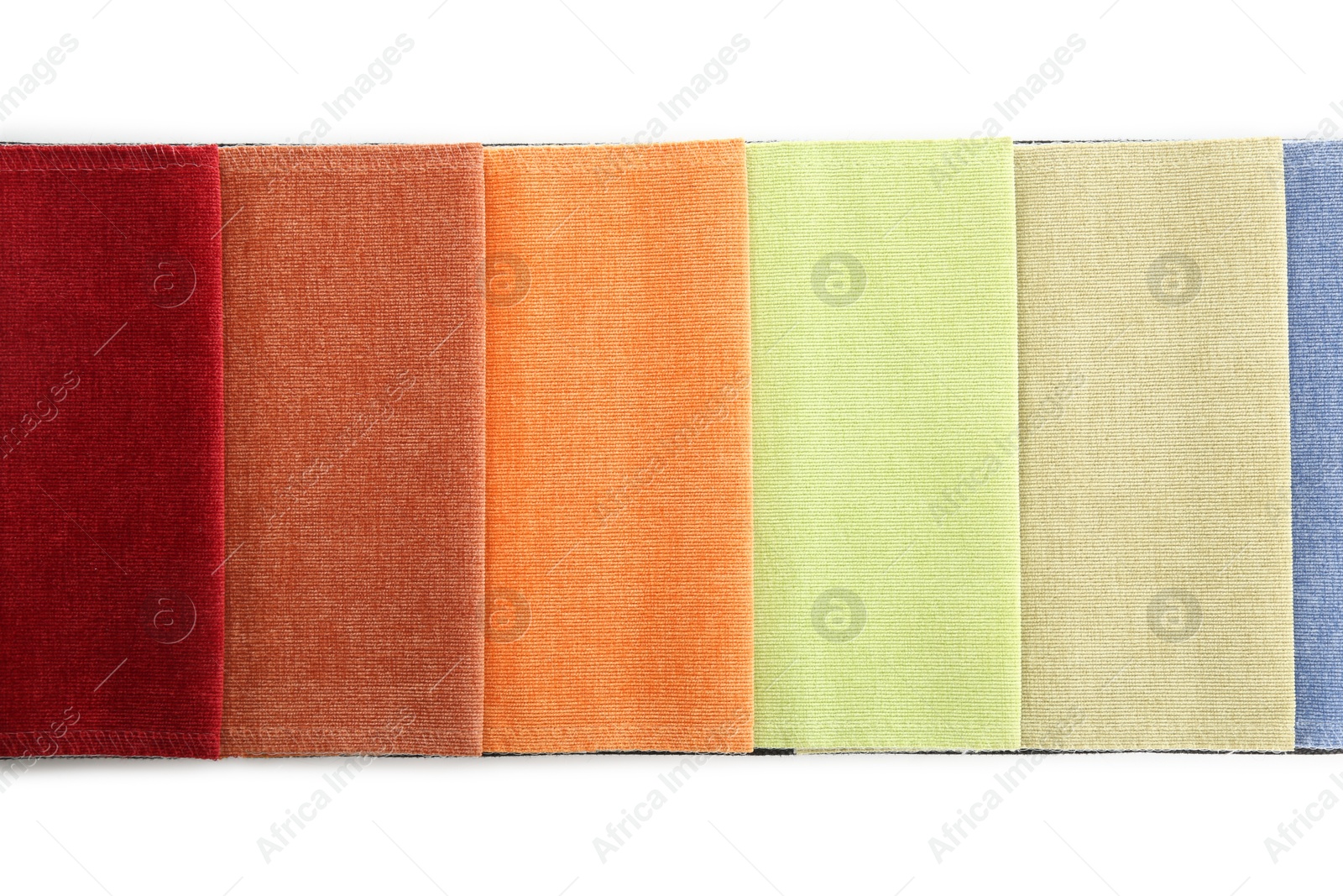 Samples of different fabrics isolated on white, top view Photo of Samples of different fabrics isolated on white, top view
