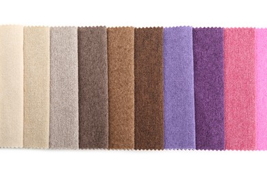 Photo of Samples of different fabrics isolated on white, top view