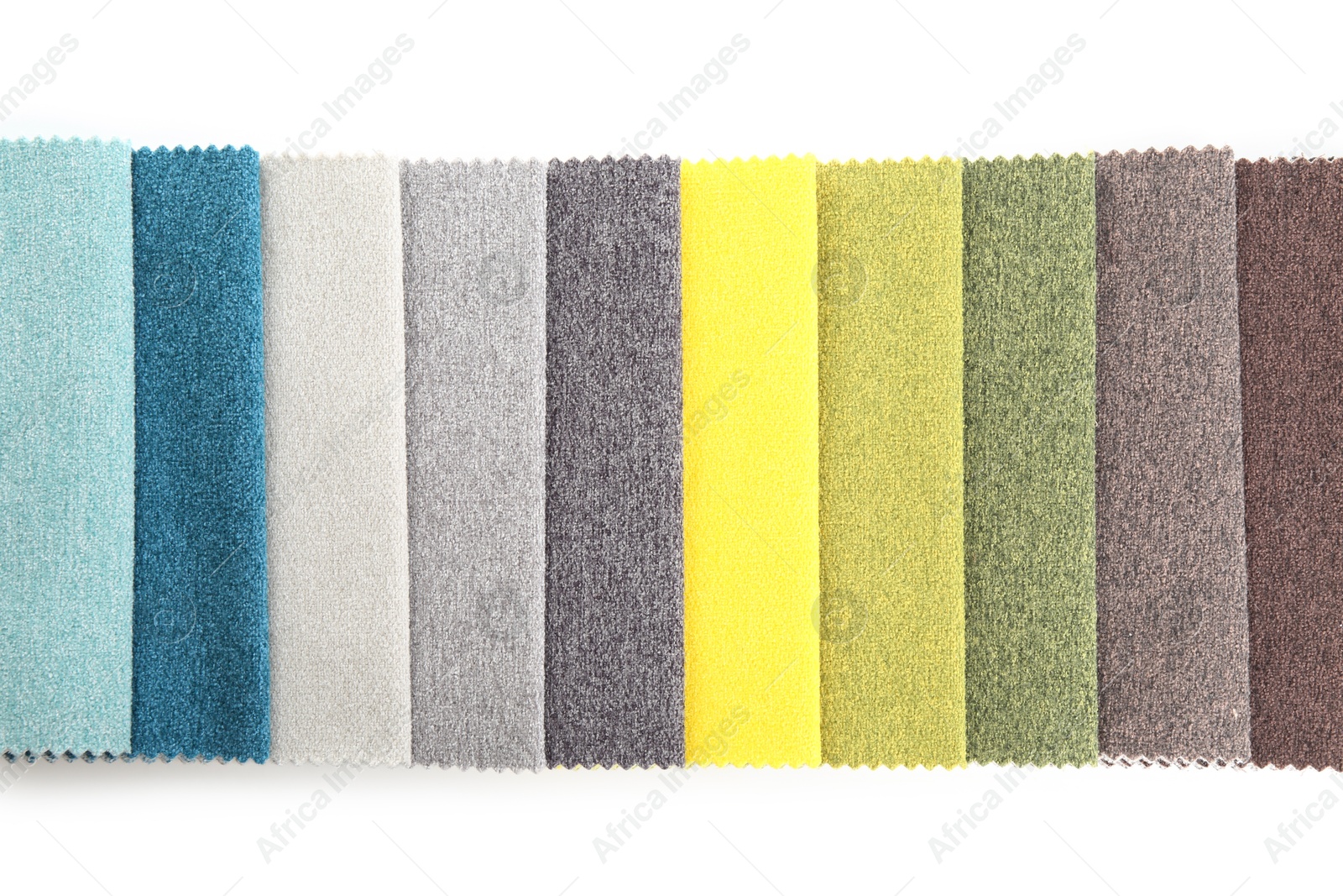 Samples of different fabrics isolated on white, top view Photo of Samples of different fabrics isolated on white, top view