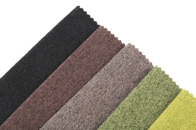Photo of Samples of different fabrics isolated on white, top view