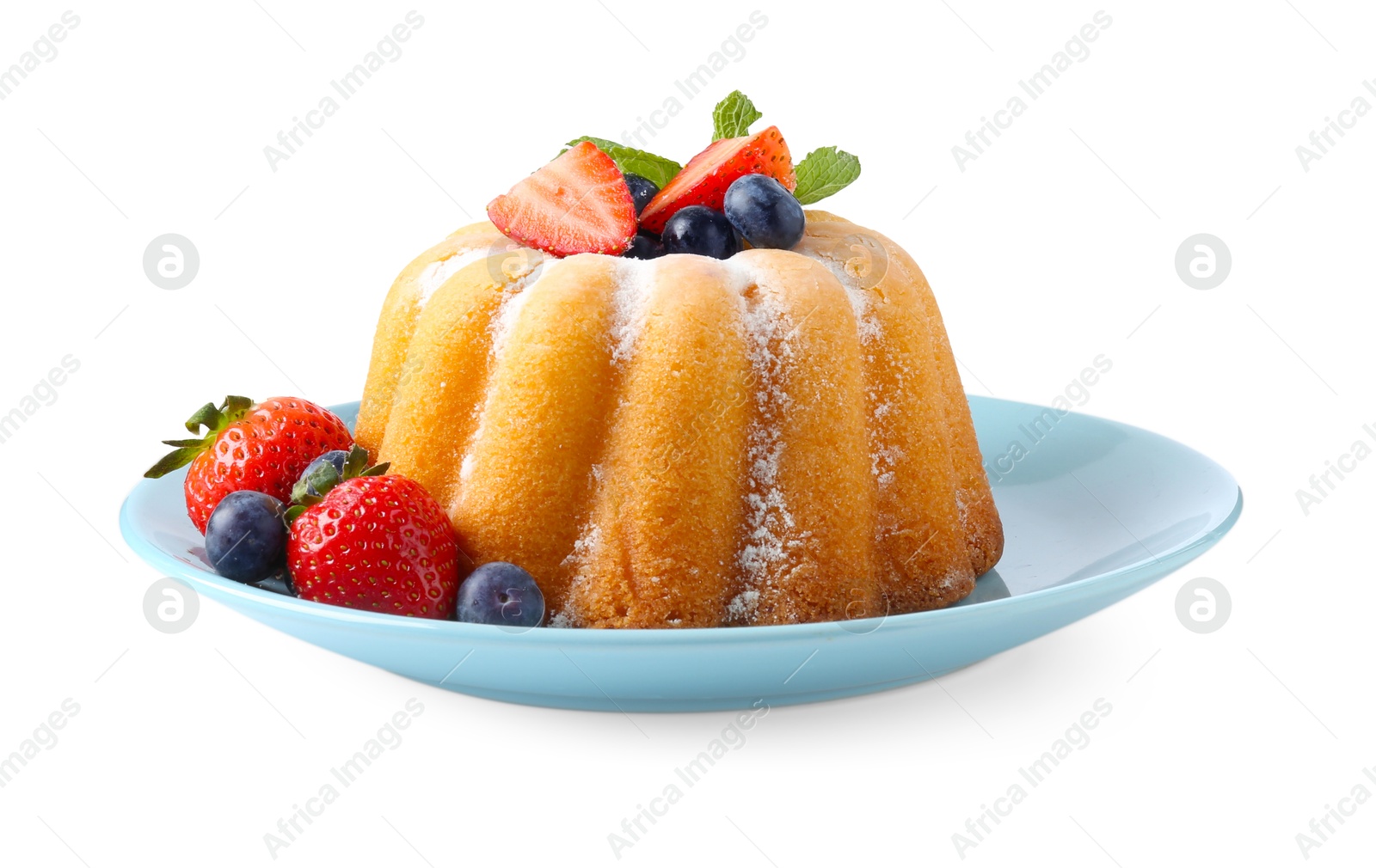 Tasty Bundt cake with powdered sugar and berries isolated on white Photo of Tasty Bundt cake with powdered sugar and berries isolated on white
