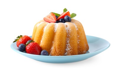 Photo of Tasty Bundt cake with powdered sugar and berries isolated on white