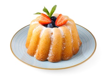 Photo of Tasty Bundt cake with powdered sugar and berries isolated on white