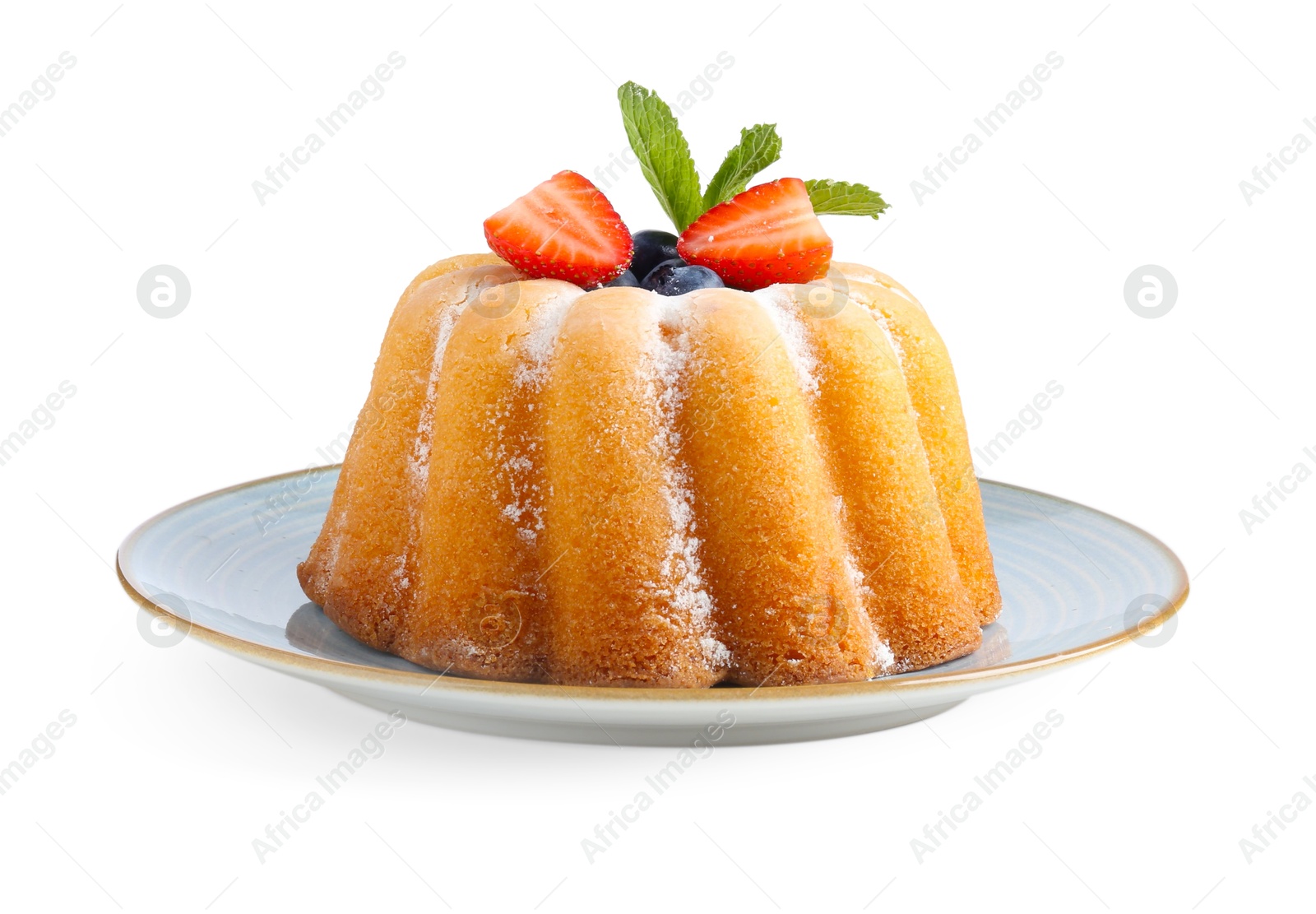 Tasty Bundt cake with powdered sugar and berries isolated on white Photo of Tasty Bundt cake with powdered sugar and berries isolated on white