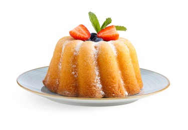 Photo of Tasty Bundt cake with powdered sugar and berries isolated on white