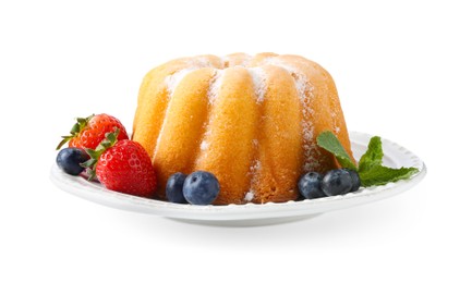 Photo of Tasty Bundt cake with powdered sugar and berries isolated on white