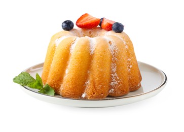 Photo of Tasty Bundt cake with powdered sugar and berries isolated on white