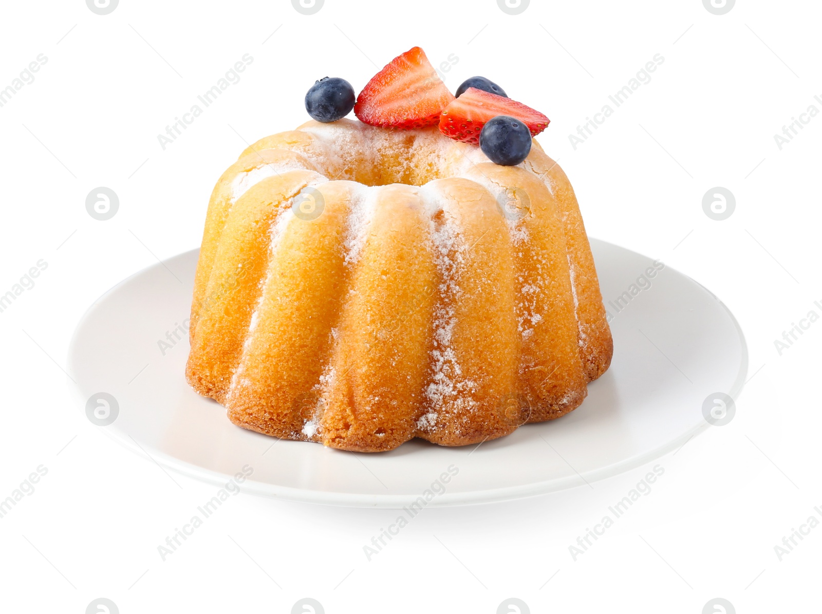 Tasty Bundt cake with powdered sugar and berries isolated on white Photo of Tasty Bundt cake with powdered sugar and berries isolated on white