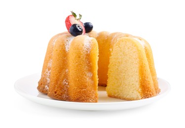 Photo of Tasty bundt cake with powdered sugar and berries isolated on white
