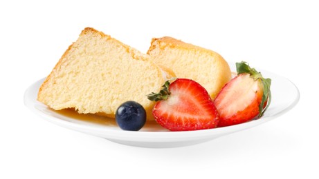 Photo of Pieces of tasty bundt cake with berries isolated on white