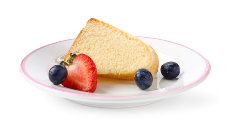 Photo of Piece of tasty bundt cake with berries isolated on white