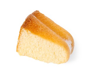 Photo of Pieces of tasty bundt cake isolated on white, top view