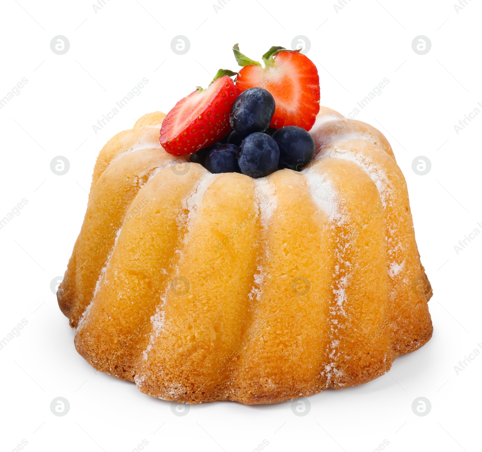 Tasty bundt cake with powdered sugar and berries isolated on white Photo of Tasty bundt cake with powdered sugar and berries isolated on white