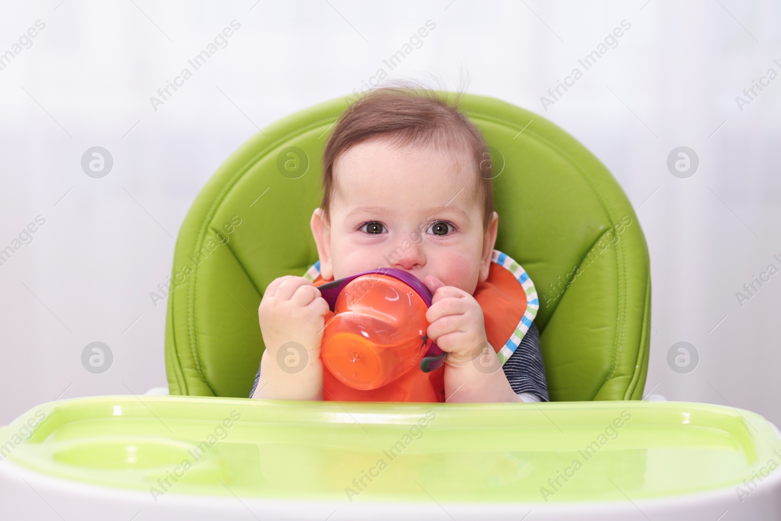 Cute little baby with bottle on feeding chair indoors Photo of Cute little baby with bottle on feeding chair indoors
