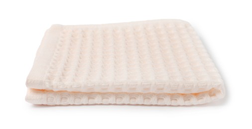 Photo of Clean beige waffle towel isolated on white