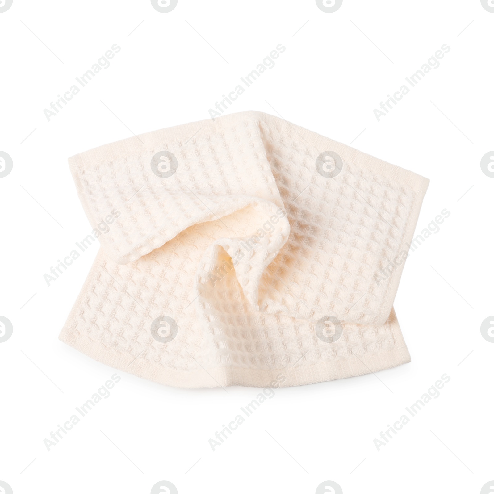 Clean beige waffle towel isolated on white, top view Photo of Clean beige waffle towel isolated on white, top view