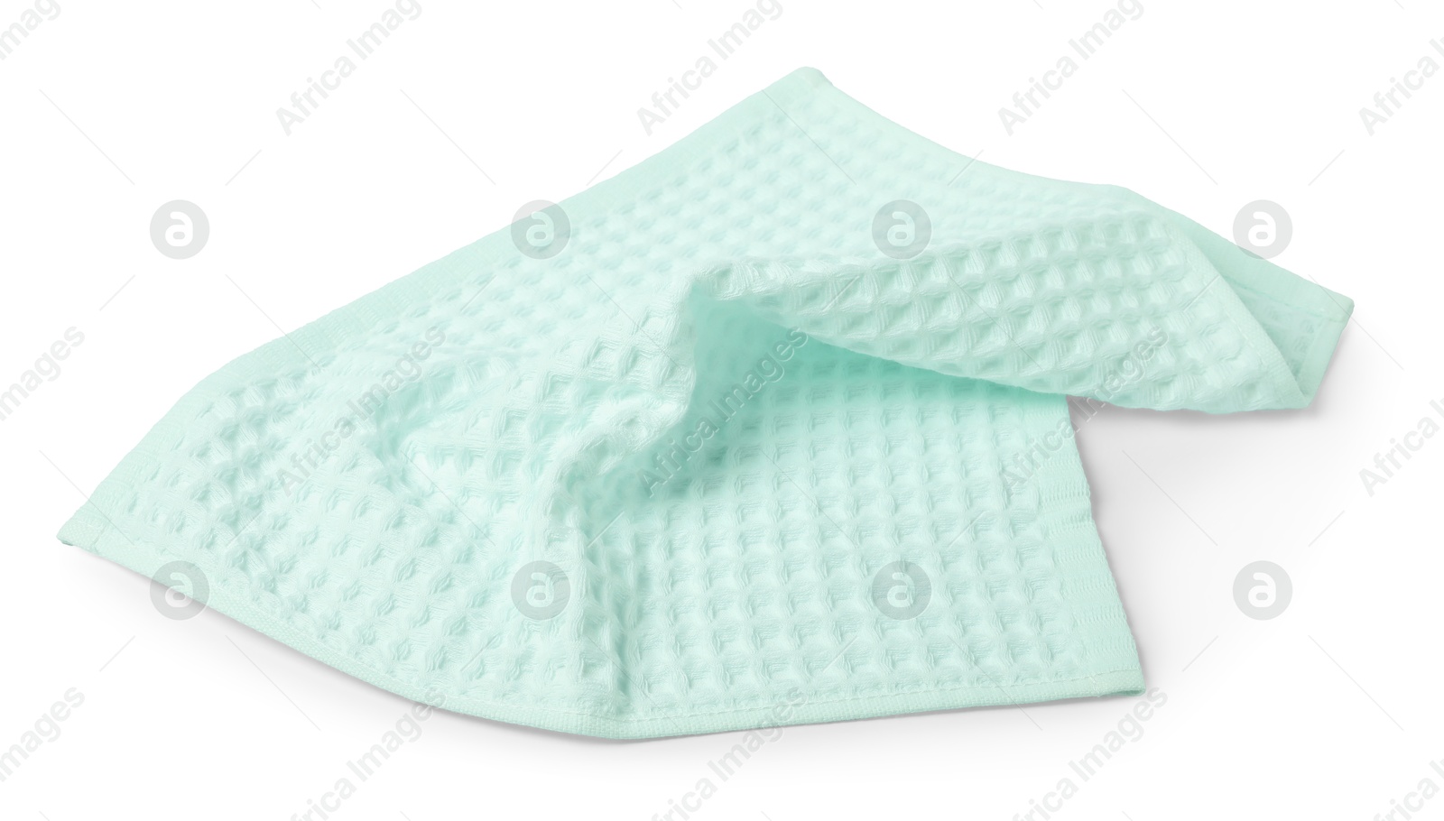 Clean light turquoise waffle towel isolated on white Photo of Clean light turquoise waffle towel isolated on white