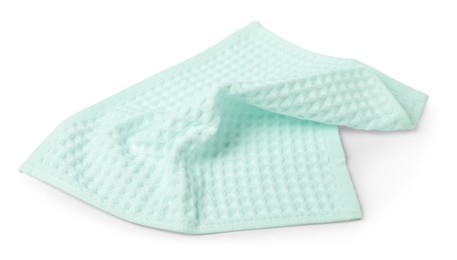 Photo of Clean light turquoise waffle towel isolated on white