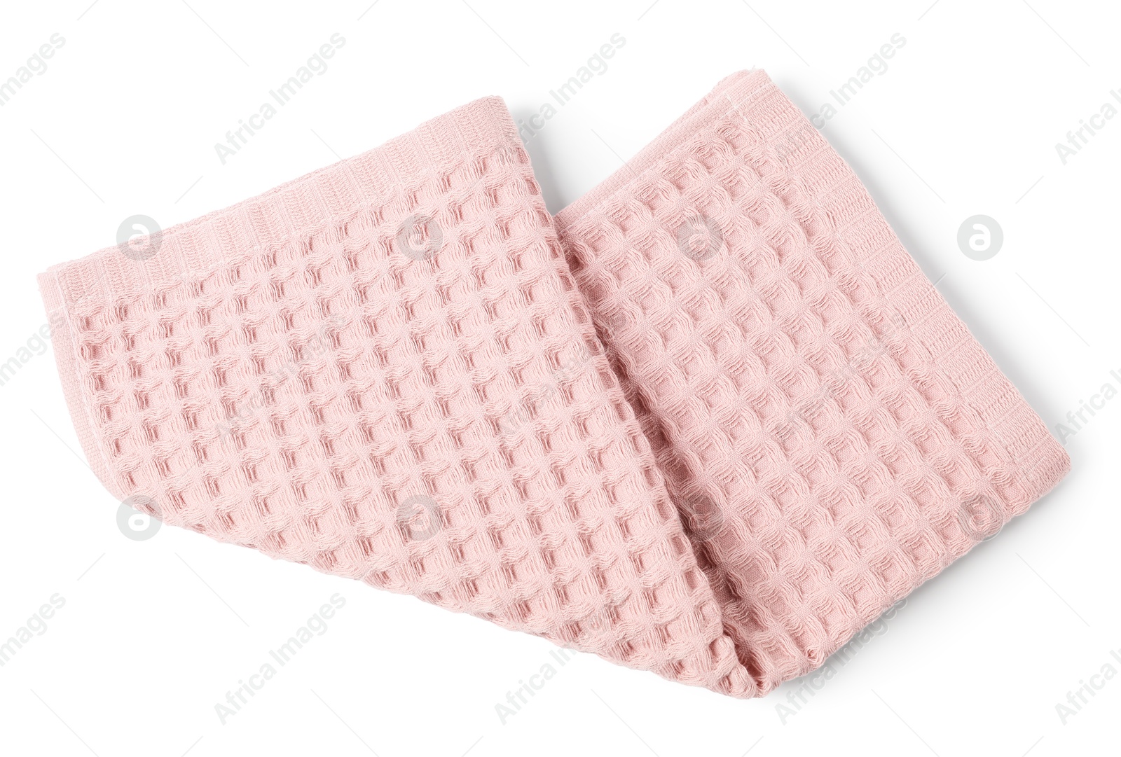 Clean pink waffle towel isolated on white, top view Photo of Clean pink waffle towel isolated on white, top view