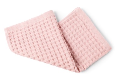 Photo of Clean pink waffle towel isolated on white, top view