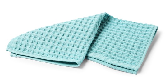 Photo of Clean light blue waffle towel isolated on white