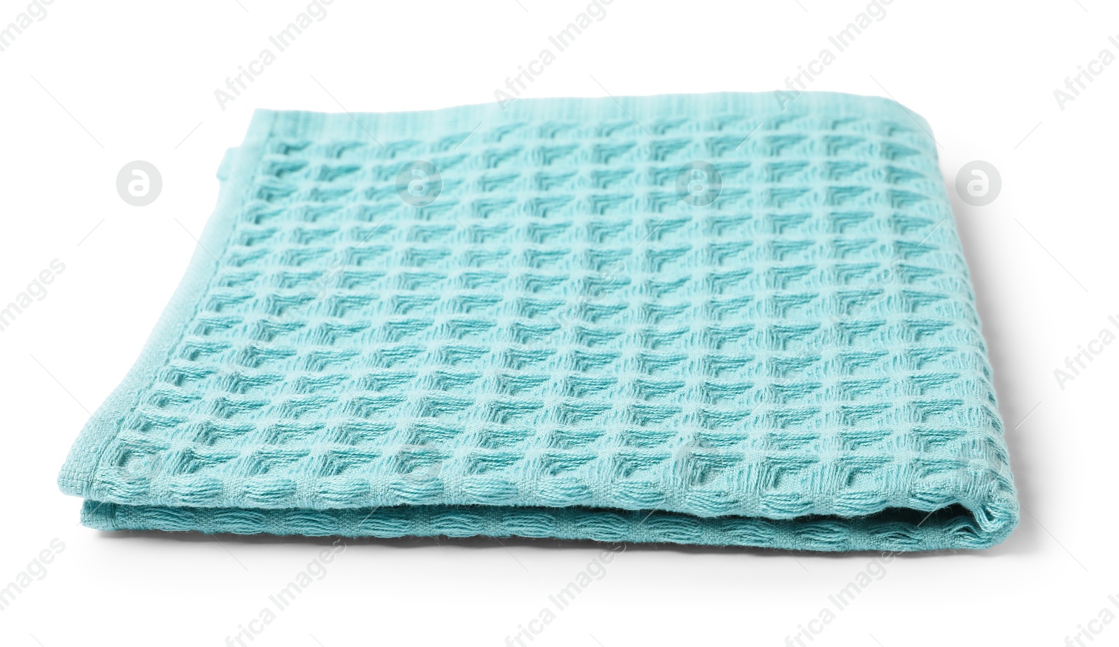Clean light blue waffle towel isolated on white Photo of Clean light blue waffle towel isolated on white