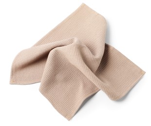 Photo of Clean beige waffle towel isolated on white, top view