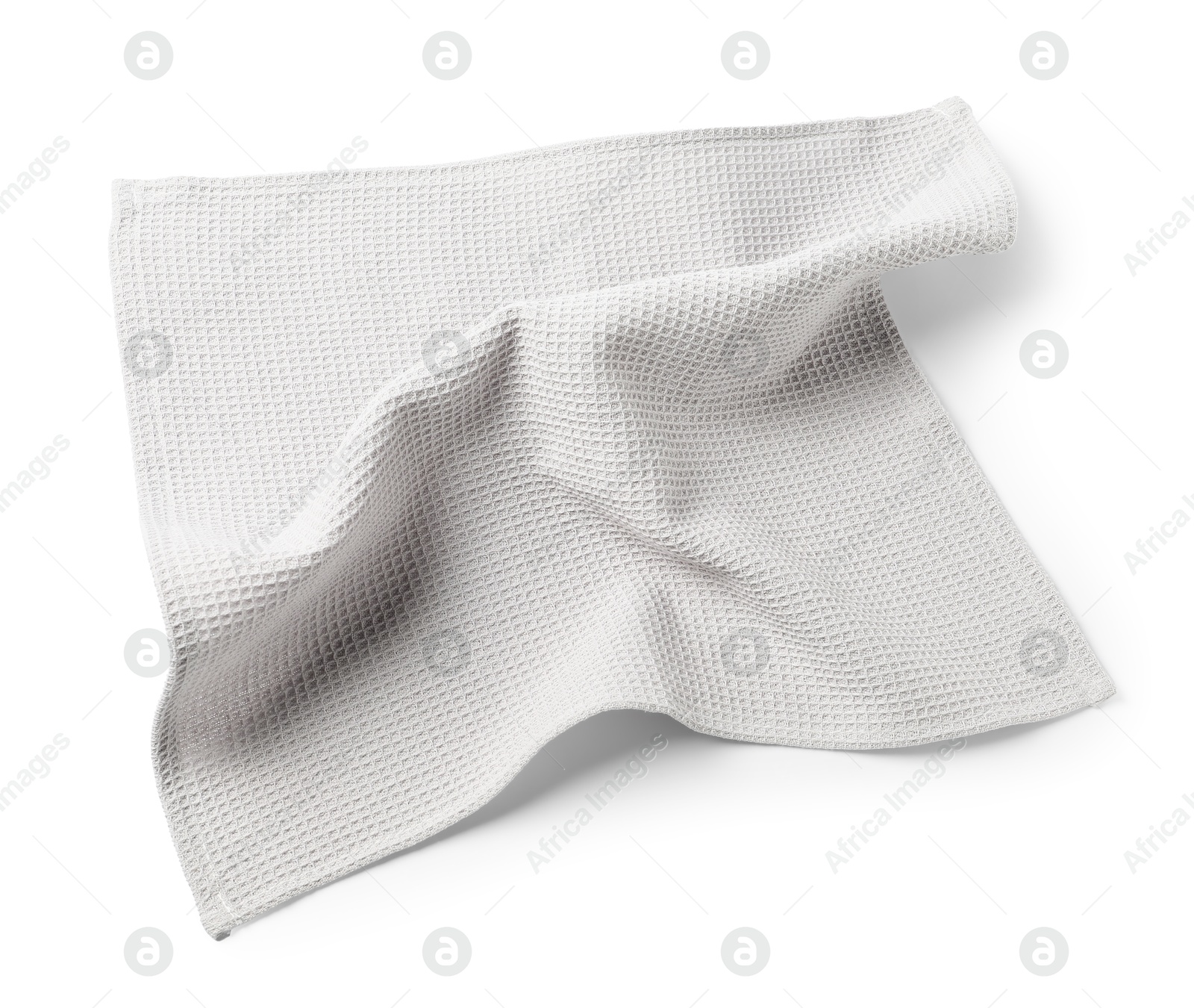 Clean light grey waffle towel isolated on white Photo of Clean light grey waffle towel isolated on white