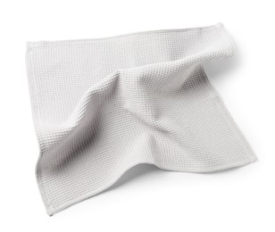 Photo of Clean light grey waffle towel isolated on white
