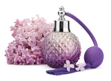 Photo of Luxury perfume and beautiful lilac flowers isolated on white