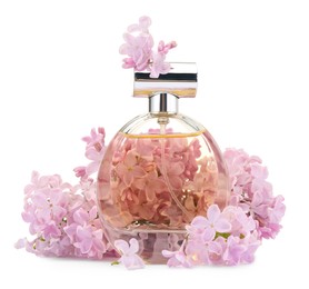 Photo of Luxury perfume and beautiful lilac flowers isolated on white
