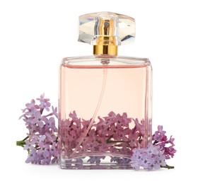 Photo of Luxury perfume and beautiful lilac flowers isolated on white