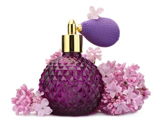 Photo of Luxury perfume and beautiful lilac flowers isolated on white