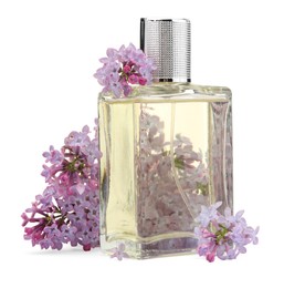 Photo of Luxury perfume and beautiful lilac flowers isolated on white