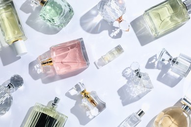 Photo of Luxury perfumes and beautiful lilac flowers on white background, flat lay