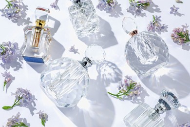 Photo of Luxury perfumes and beautiful lilac flowers on white background, above view