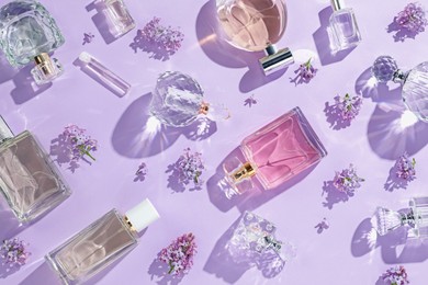 Photo of Luxury perfumes and beautiful lilac flowers on light violet background, flat lay