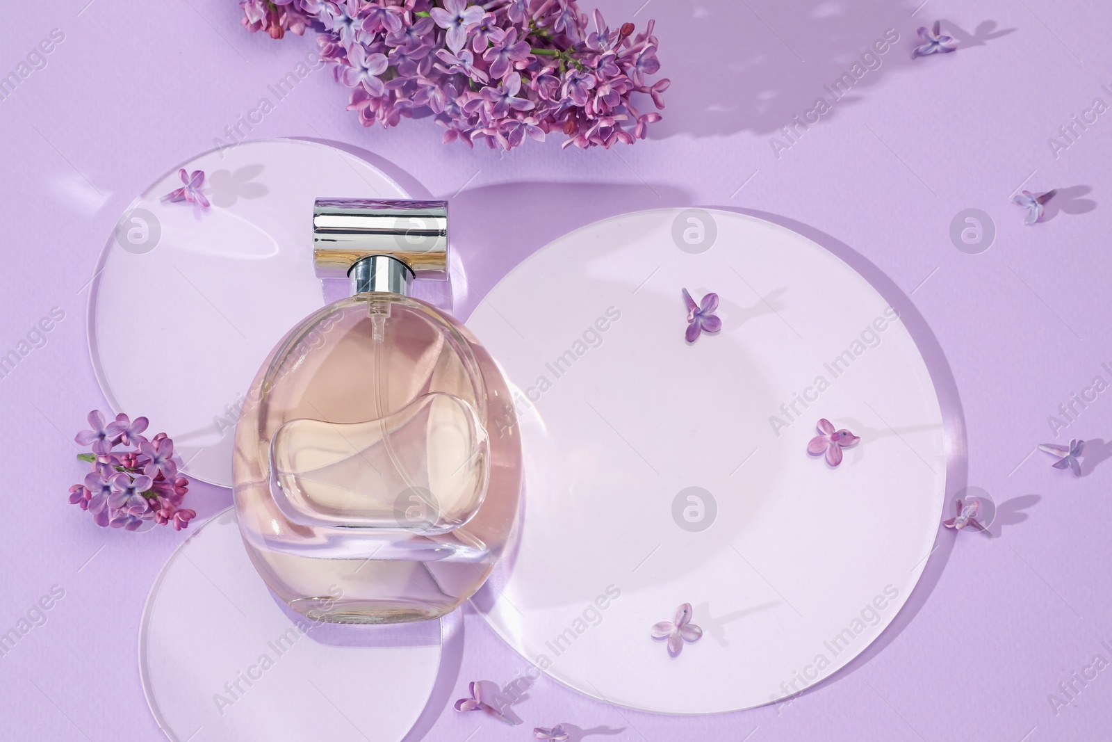 Photo of Bottle of perfume and beautiful lilac flowers on light violet background, flat lay