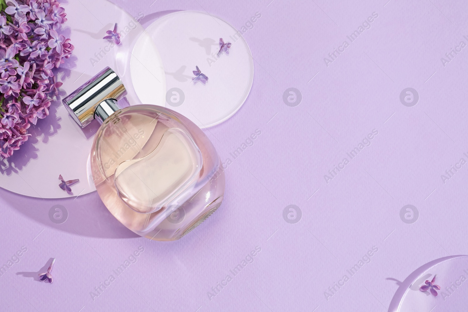 Bottle of perfume and beautiful lilac flowers on light violet background, flat lay. Space for text Photo of Bottle of perfume and beautiful lilac flowers on light violet background, flat lay. Space for text