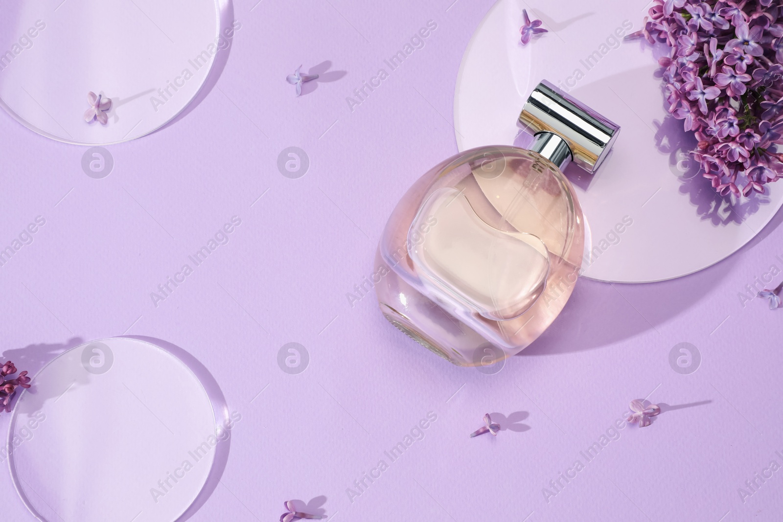 Bottle of perfume and beautiful lilac flowers on light violet background, flat lay Photo of Bottle of perfume and beautiful lilac flowers on light violet background, flat lay