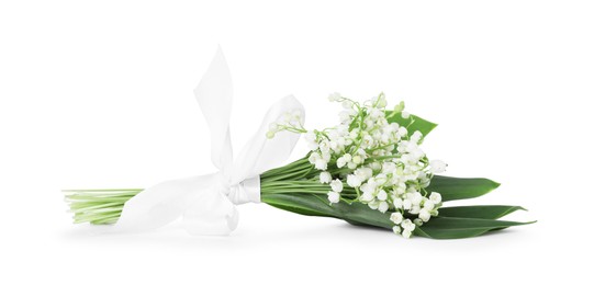 Photo of Bouquet of beautiful lily of the valley flowers isolated on white