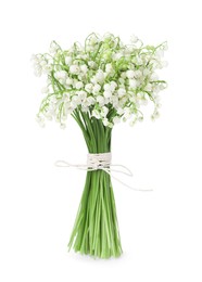 Photo of Bouquet of beautiful lily of the valley flowers isolated on white