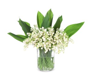 Photo of Bouquet of beautiful lily of the valley flowers isolated on white