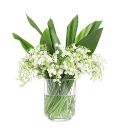Photo of Bouquet of beautiful lily of the valley flowers isolated on white