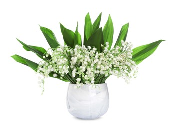 Photo of Bouquet of beautiful lily of the valley flowers isolated on white