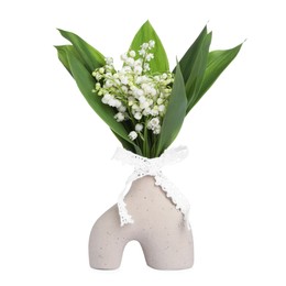 Photo of Bouquet of beautiful lily of the valley flowers isolated on white