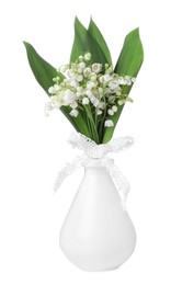 Photo of Bouquet of beautiful lily of the valley flowers isolated on white